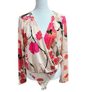 Express Pink Flower Detail Bodysuit With Plunging V-Neckline Floral Print